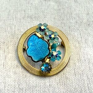 Gold-Tone Floral Leaf Brooch with Blue Enamel and Rhinestones